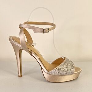 NWOB Jewel by Badgley Mischka Beige Satin Rhinestone Strappy Heels